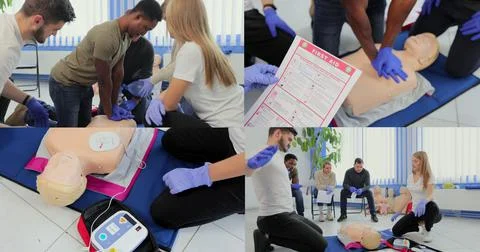 Multi-screen of male instructor teaching first Aid Cpr technique to his students Foto stock