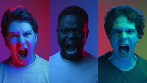 Multi Screen of Men Portraits Looking at Camera and Screaming Together in Neons Stock Footage 254491998