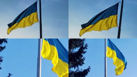 Multi-screen Montage, Ukrainian Flag Against a Blue Sky. Realistic 4K.  Stock Footage 240916934