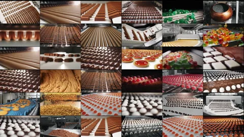 Multi-screen production conveyor at a confectionery factory. Stock Footage 313099436