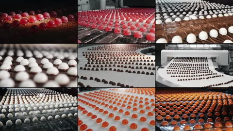 Multi-screen production conveyor at a confectionery factory. Video stock 313099552