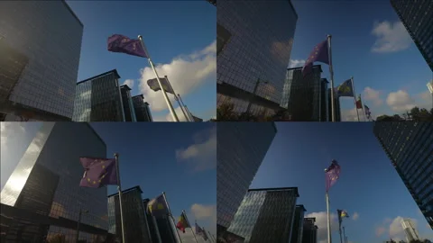 Multi-screen shot of modern office building facades in Brussels Stock Footage 310308013