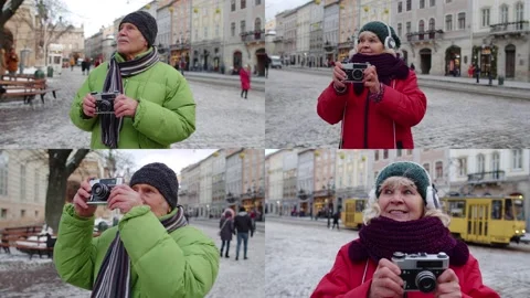 Multi-screen shot of senior woman man tourists taking picture with retro photo Stock Footage