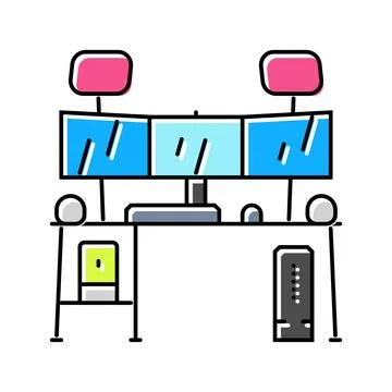 Multi screen streaming setup gaming pc color icon vector illustration Stock Illustration