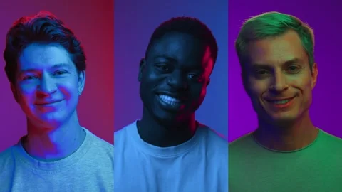 Multi Screen of Three Neon Portrait of Happy Men Looking at Camera and Smiling Stock Footage 255285998