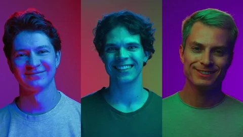 Multi Screen of Three Neon Portrait of Happy Men Looking at Camera and Smiling Stock-Footage 255286870