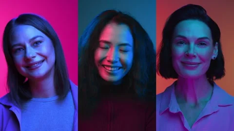 Multi Screen of Three Neon Portrait of Happy Women Looking at Camera and Smiling Vídeos de archivo 255286932
