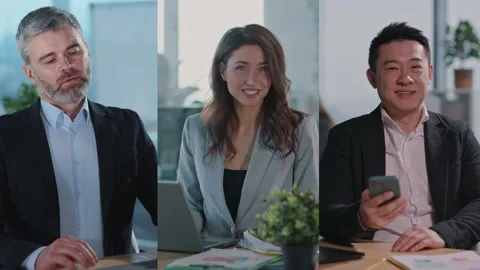 Multi-Screen Video Portrait of Smiling Happy Successful Multi-Ethnic Three Stock Footage 153937050