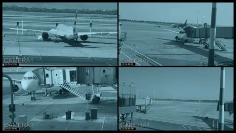 Multi-screen video surveillance system monitoring the situation on the airport r Stock Footage 340587481