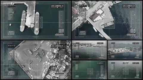Multi-screens show us a view of the seaport from the drone Stock Footage 98385611