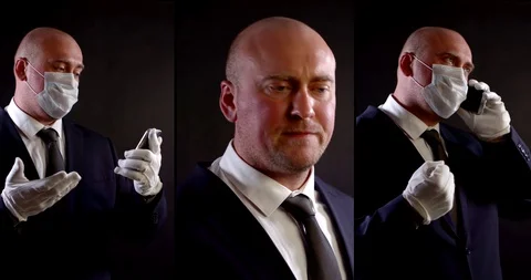 Multi-shot of a bald businessman in a jacket, shirt and tie, he is talking on Stock Footage 128535406