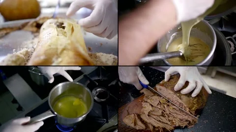 Multi-shot close-up of the cook's hands in white gloves, he cuts, cooks in pans Stock Footage 131448580