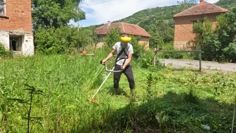 Multi Shot Of Man Mowing Tall Grass With String Trimmer In Backyard Stock Footage 344379374