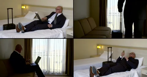 Multi-shot a middle-aged bald in glasses and a suit, he checks into the room Stock Footage 131706408