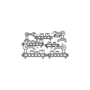 Multi stage industrial assembly line with robotic arms graphic Illustrazione stock