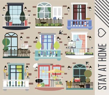 Multi-storey brick house with different balconies and items of people of Illustrazione stock