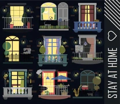 Multi-storey brick house with different balconies and items of people of Stock Illustration
