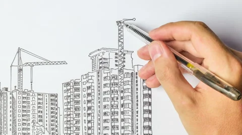 Multi-storey building being built from sketch in pencil Stock Footage
