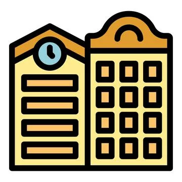 Multi storey building with clock and multiple windows representing modern a.. Ilustração Stock