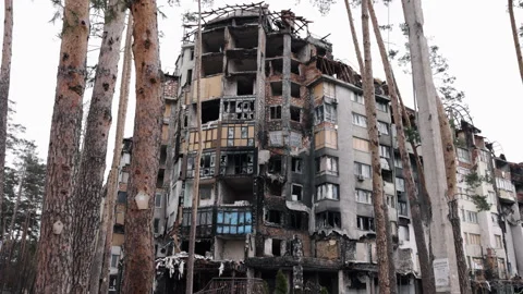 Multi-storey building, Downed rocket, Fire rubble Video stock 245095782