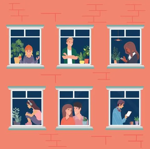 Multi-storey building with people in the windows. Indoor plants, use your pho Ilustración de archivo