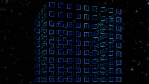 Multi-storey building. Pixel-shimmery outlines. Animation of a blue semi Stock Footage 150542338