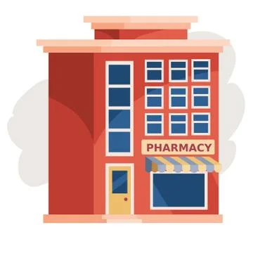 Multi-storey building in red on color on the ground floor of which is a store or Stock Illustration