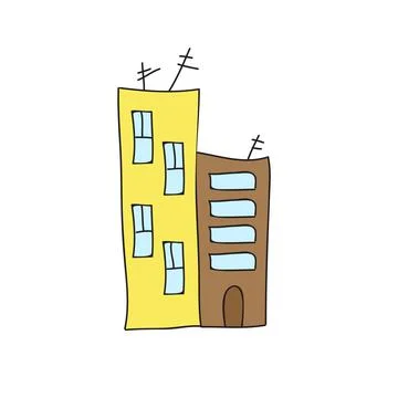 Multi storey building on white background. Simple cartoon town cityscape Ilustración de archivo