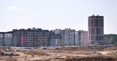 Multi-Storey Buildings Completed, Preparation for Construction of Housing Estate Stock Footage 242034705