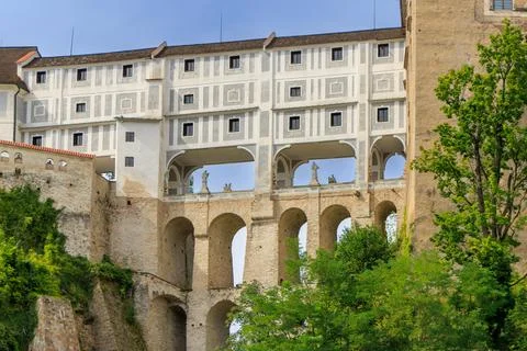 The multi-storey Cloak Bridge or Mantelbruecke in Cesky Krumlov castle. Stock Photos