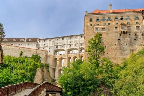 The multi-storey Cloak Bridge or Mantelbruecke in Cesky Krumlov castle. Stock Photos