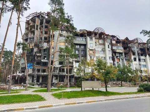 A multi-storey residential complex destroyed by artillery fire Stock Photos