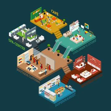Multi Storied Shopping Mall Isometric Icon Stock Illustration