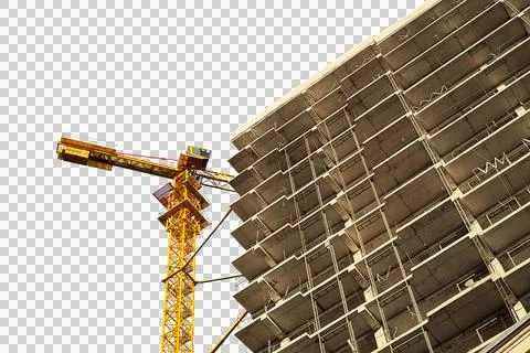 A multi-story building under construction with a tower crane isolated on tr.. Stock Photos