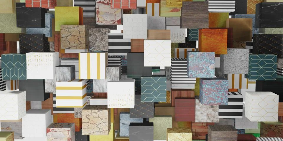 Multi surface cube Random distribution background 3D illustration Stock Illustration