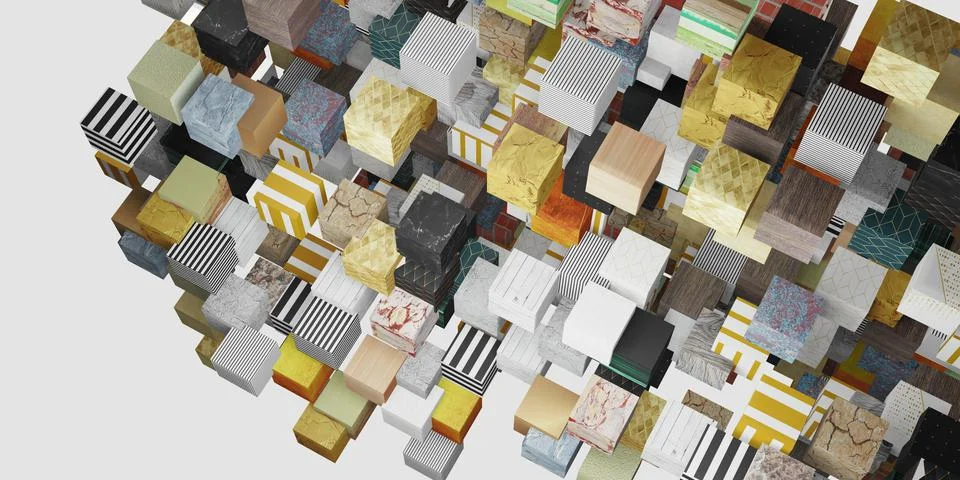 Multi surface cube Random distribution background 3D illustration Stock Illustration