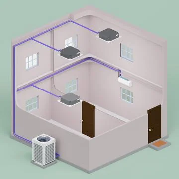 Multi system, air conditioning in the house from one outdoor unit	3d Stock Illustration