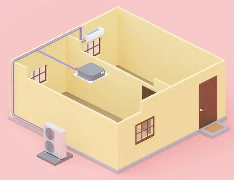 Multi system different air conditioner units yellow building 3d Stock Illustration