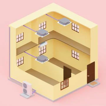 Multi-system different air conditioner units two-storey yellow building 3d Stock Illustration