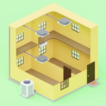Multi system different air conditioner units two storey yellow building 3d Illustrazione stock