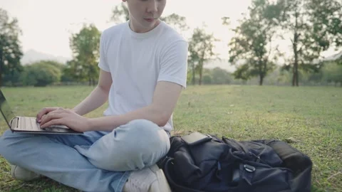 A multi tasking asian man talks on phone working with laptop in park during day Stock Footage 149442421
