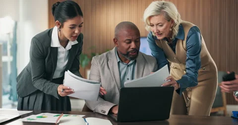 Multi tasking, documents and business people in office with chaos for finance Stock Footage 335191333