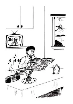 Multi Tasking guy having breakfast Stock Illustration