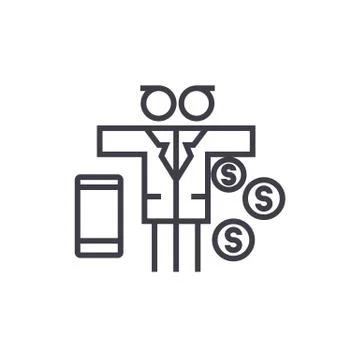 Multi tasking man with money vector line icon, sign, illustration on white ba Stock Illustration