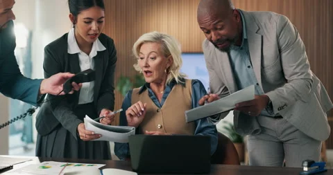 Multi tasking, paperwork and business people in office with chaos for finance Stock Footage 335198620