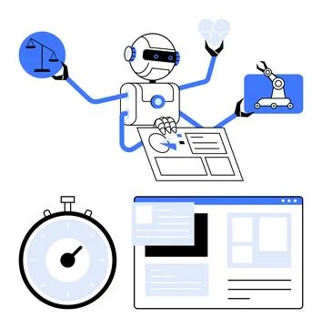 Multi-tasking Robot with Diverse Elements Representing Law, Healthcare, Eng.. Stock Illustration