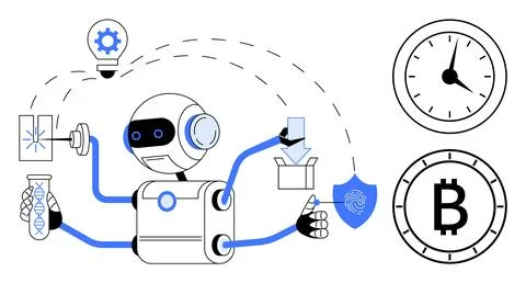 Multi-Tasking Robot Engaged in Scientific Research, Security, and Time Mana.. Stock Illustration