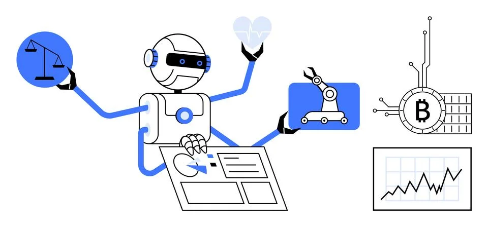 Multi-tasking Robot Showcasing AI, Blockchain, and Automation Technologies .. Stock Illustration