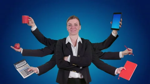 Multi tasking woman on blue background Stock Footage 60217452