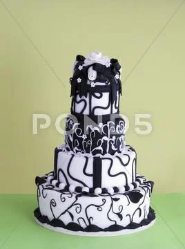 A Multi-Tier Black-And-White Wedding Cake